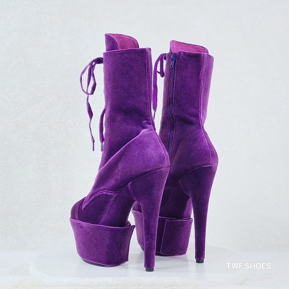 1020 Purple Velvet 7" High Heel Platform Ankle Boots With Boot Protectors - Picture 3 of 8